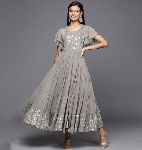 Grey Embellished Georgette Maxi Dress